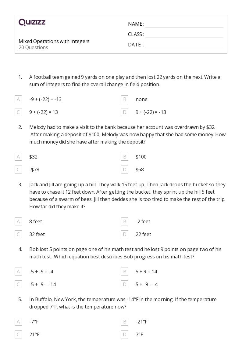 operations of integers worksheet