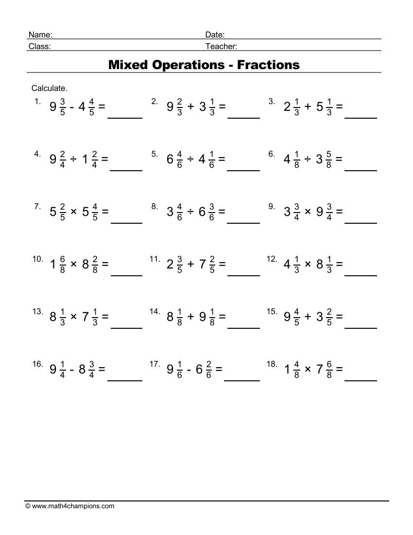 Fraction Worksheets pdf Downloads | Math Champions