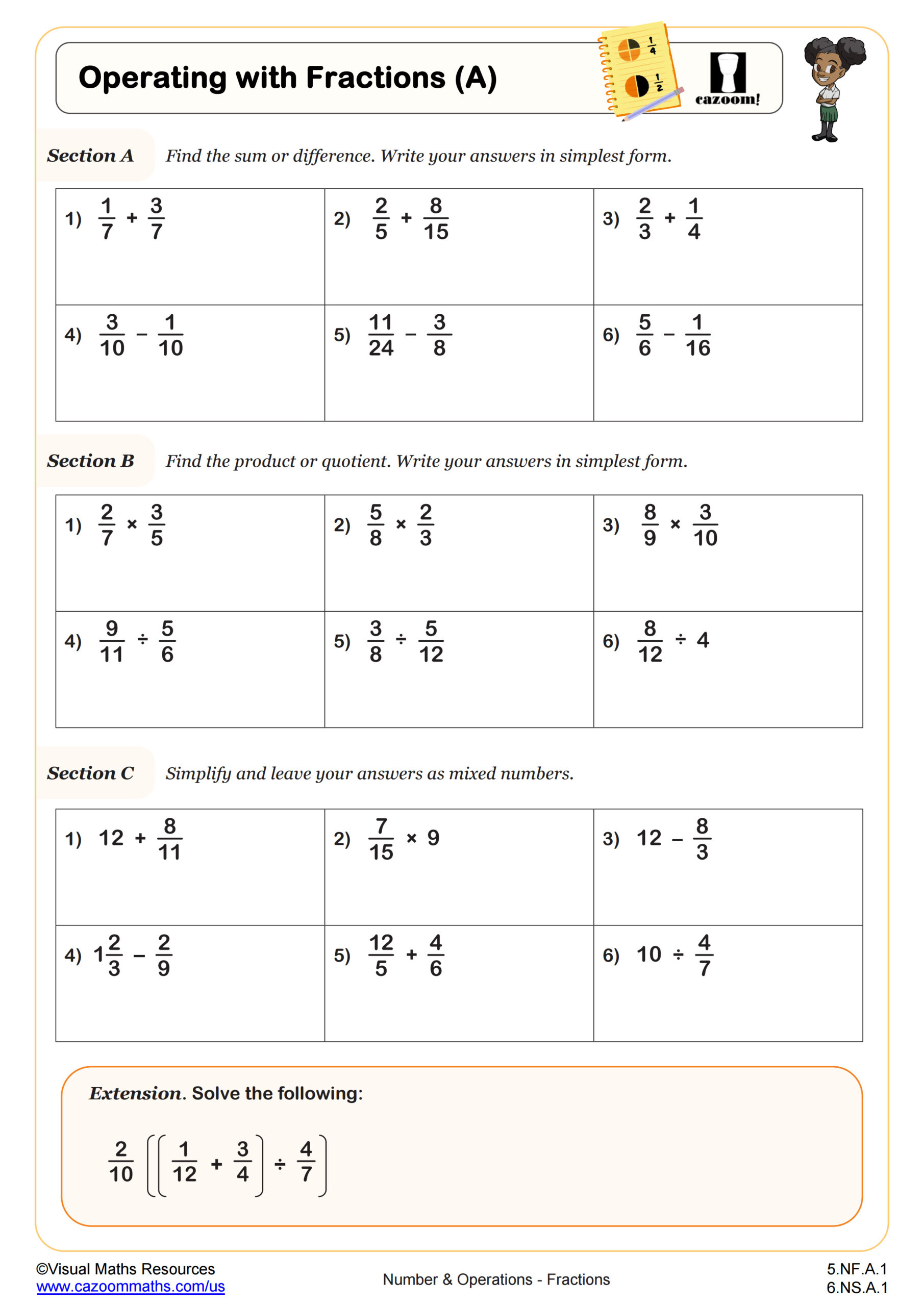 operations with fractions worksheet