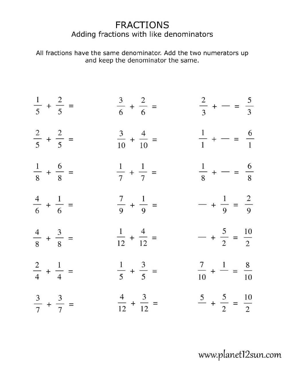 operations with fractions worksheet