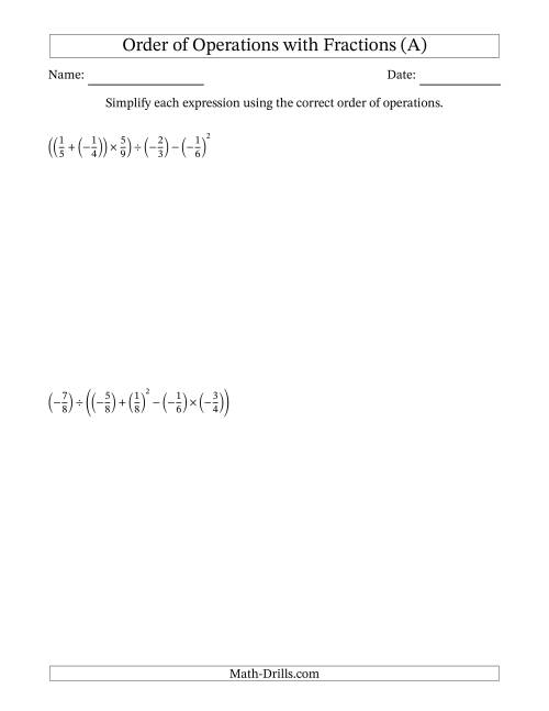 Order of Operations with Negative and Positive Fractions (Five ...
