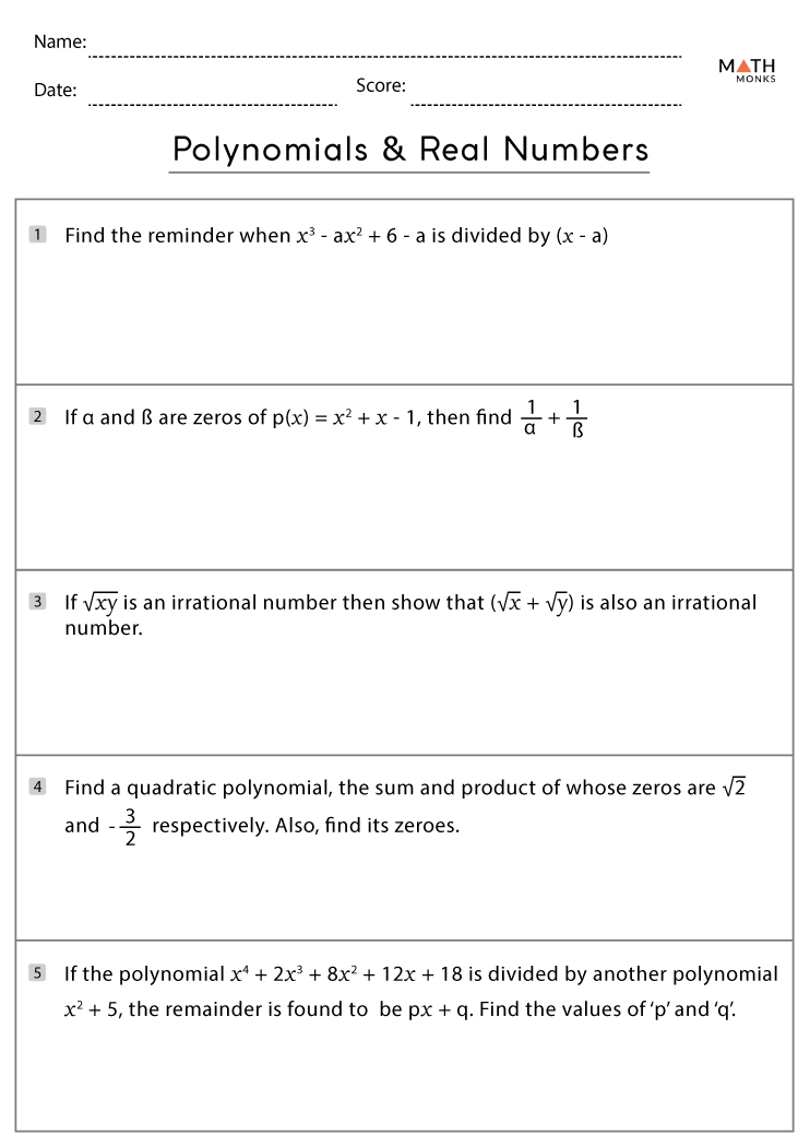 Polynomials Worksheets with Answer Key