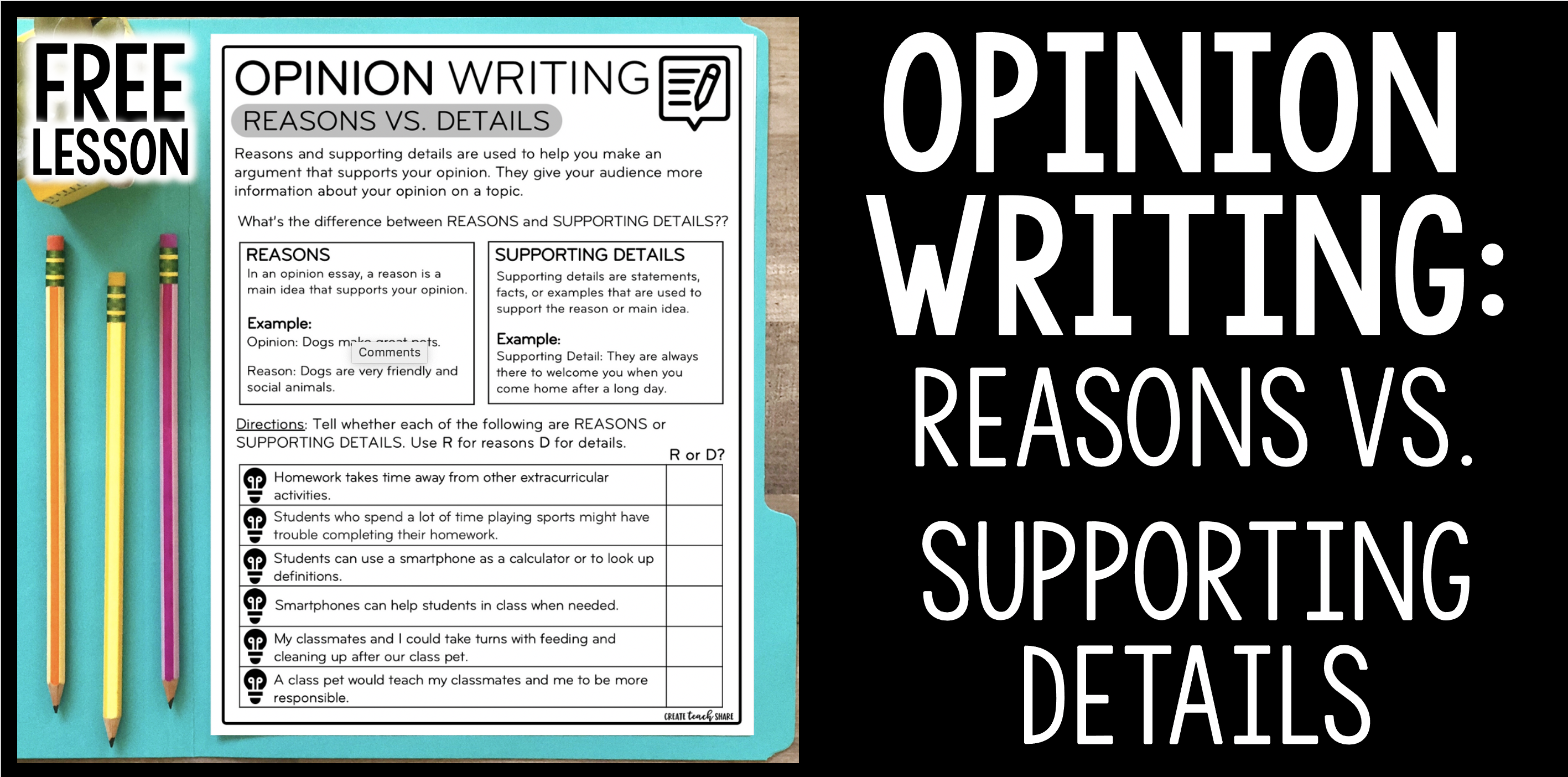 Opinion Writing: Reasons vs. Supporting Details - Create Teach Share