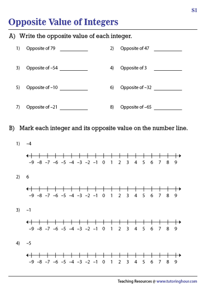 Opposite Value of Integers Worksheets