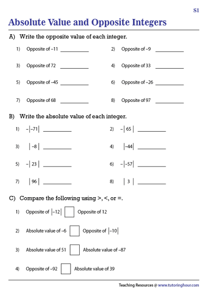 opposite integers worksheet