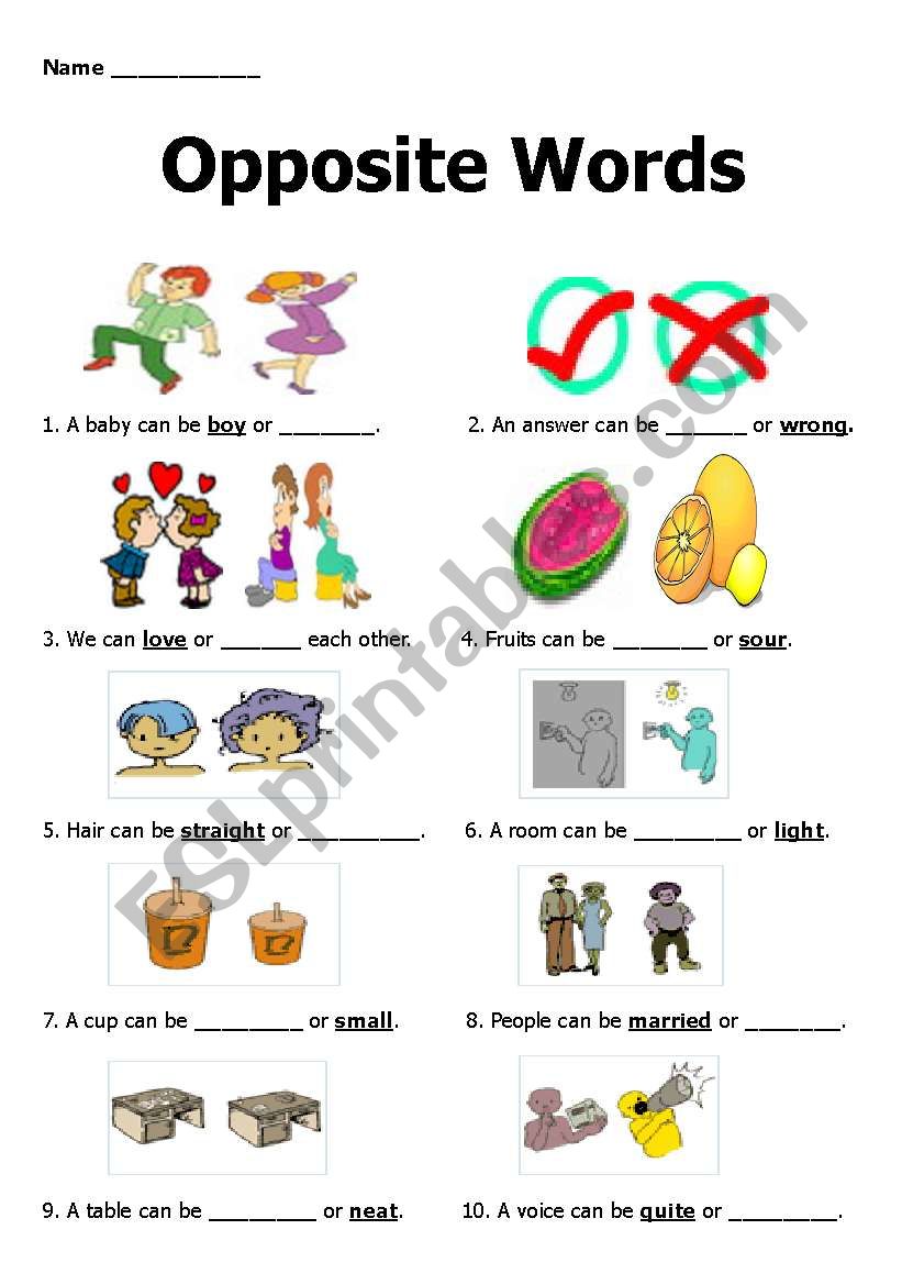 opposite words with pictures worksheet