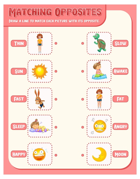 Free Vector | Matching opposite words worksheet template