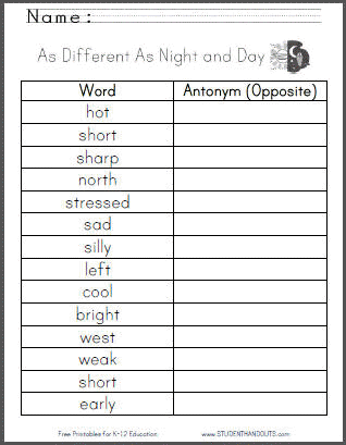 opposite worksheet for first grade