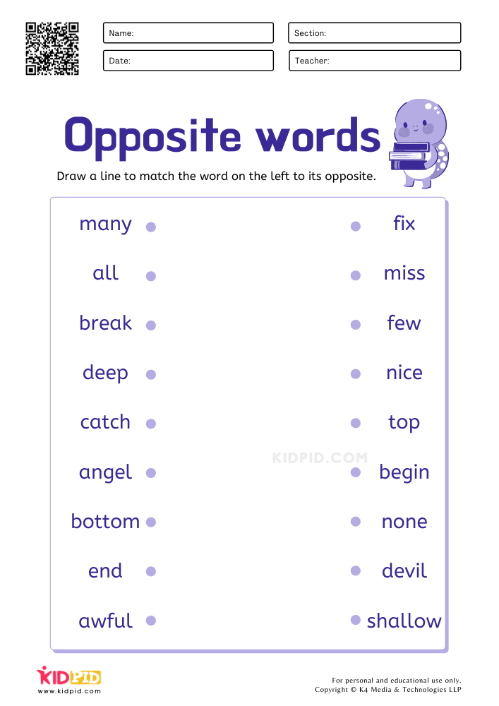 Opposite Word Matching Worksheets for Grade 1 - Kidpid