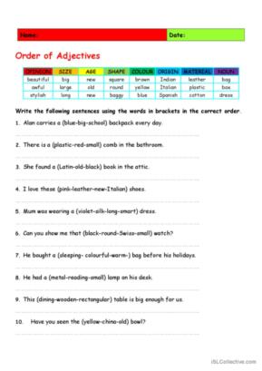 64 Adjectives: Order of adjectives English ESL worksheets pd…