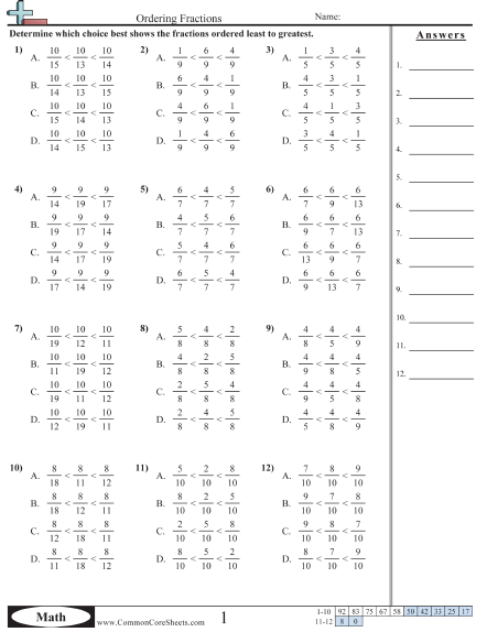 order fractions from least to greatest worksheet