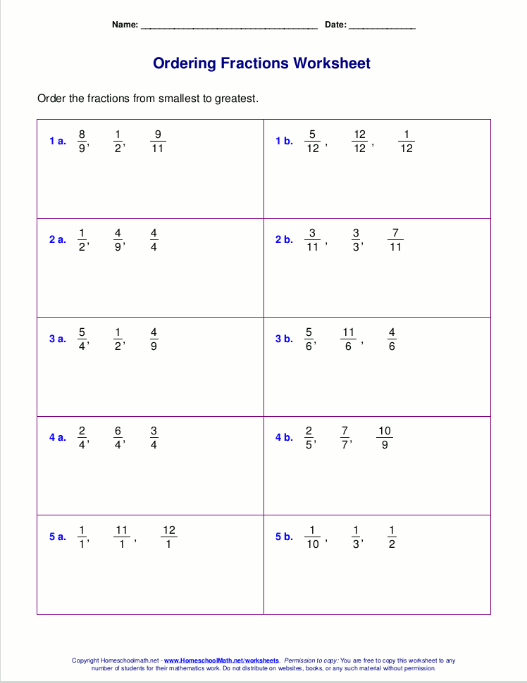 Free worksheets for comparing or ordering fractions