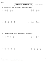 Ordering Fractions Worksheets