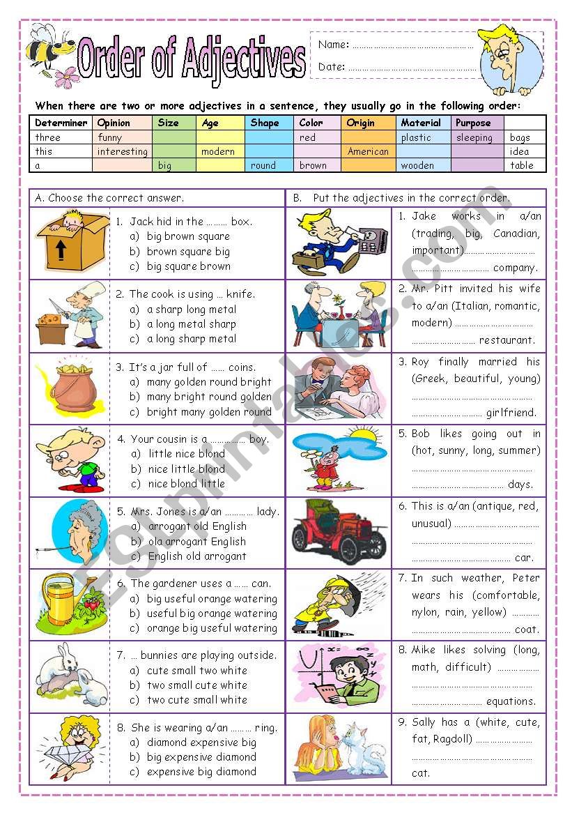 order of adjectives worksheet
