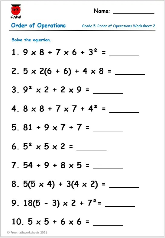 order of operations 5th grade worksheet