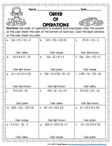 Order of Operations Fall Color by Number by Rebeccas Ready Resources