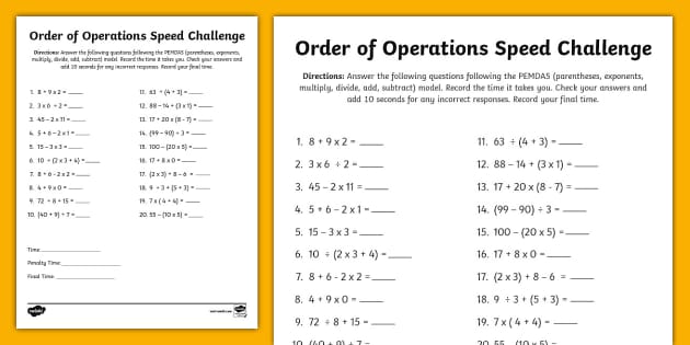 order of operations 5th grade worksheet
