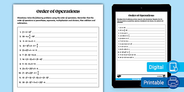 order of operations 6th grade worksheet