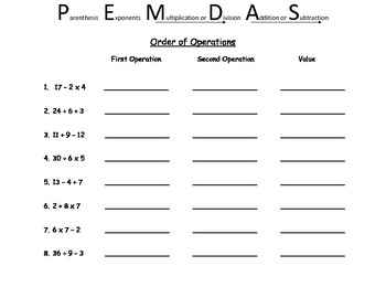 order of operations easy worksheet
