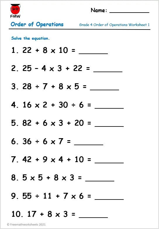 order of operations easy worksheet
