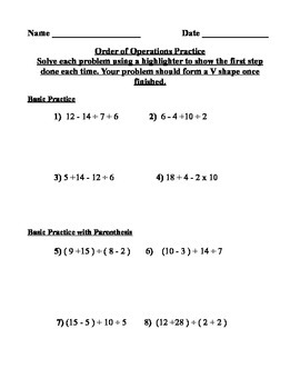 order of operations easy worksheet