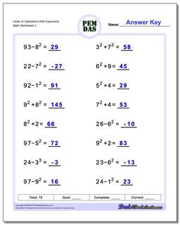 order of operations exponents worksheet