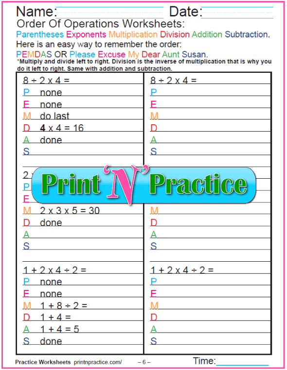 order of operations exponents worksheet