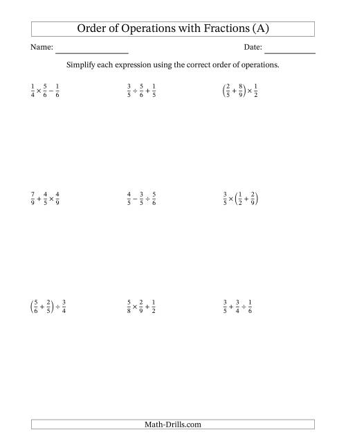 Order of Operations with Positive Fractions and No Exponents (Two ...