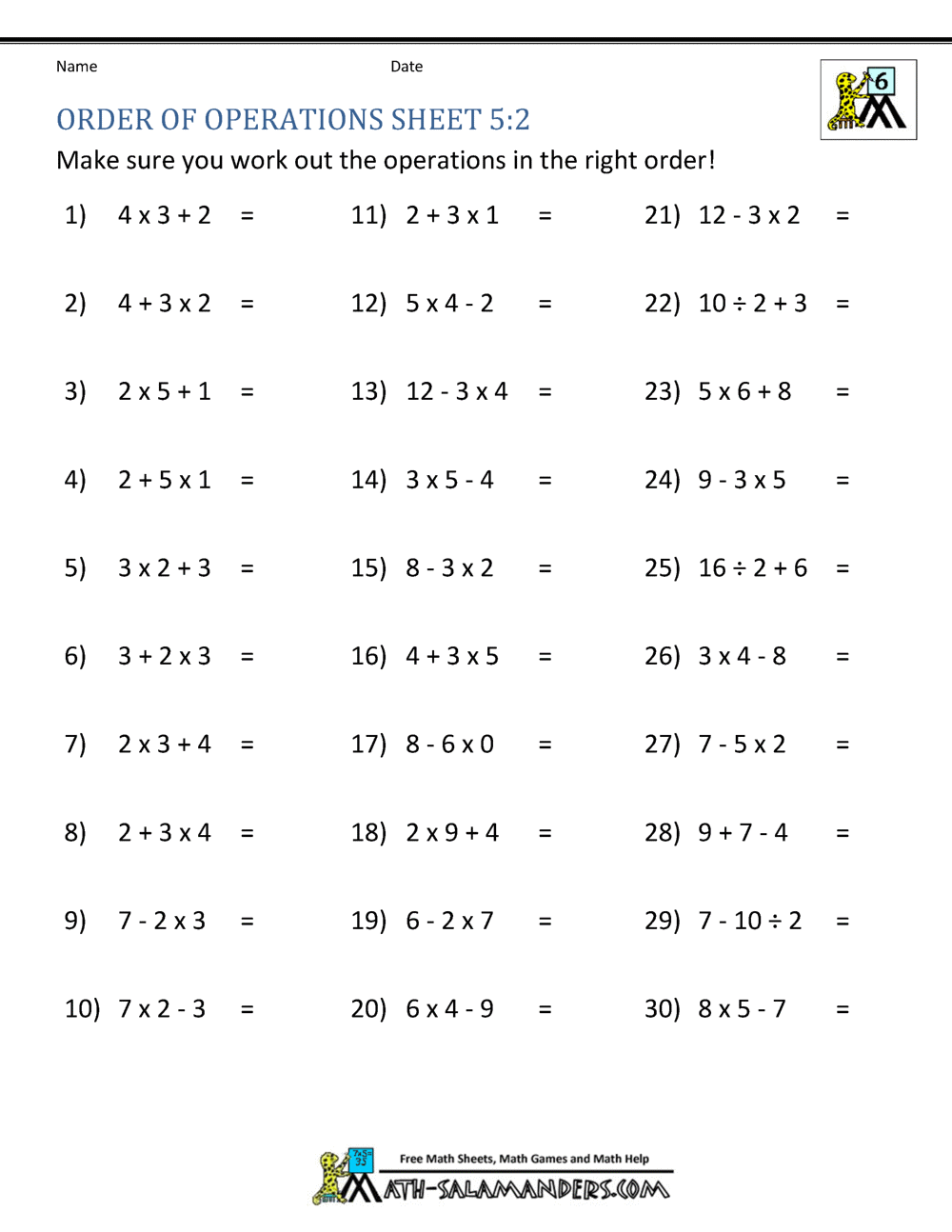 order of operations practice worksheet