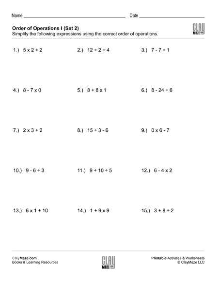 order of operations printable worksheet