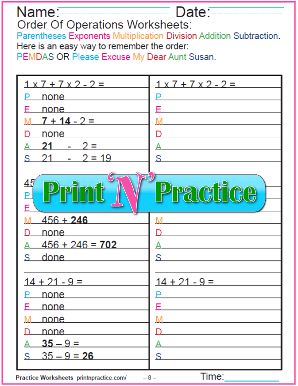 Order of Operations Worksheets For Kids