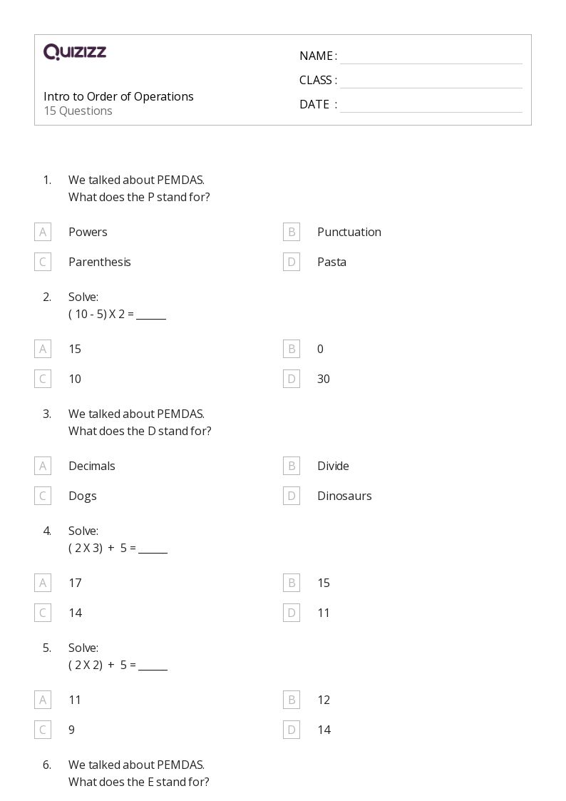 order of operations with answer sheet printable