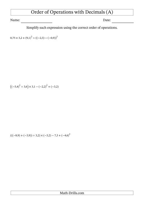 order of operations with decimals worksheet