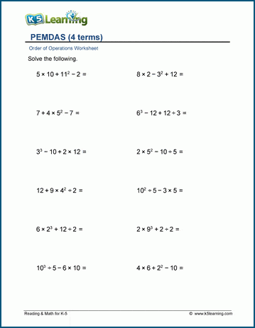 PEMDAS - 4 terms worksheets | Worsheets library
