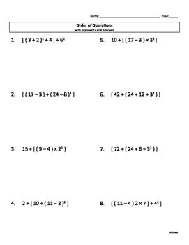 Order of Operations with Brackets and Exponents Worksheet by 123 J-O-Z
