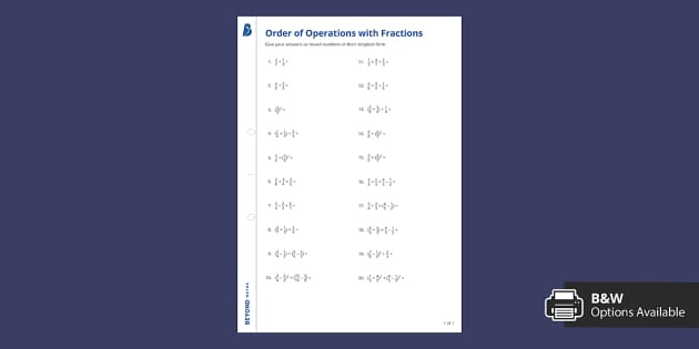 order of operations with fractions worksheet