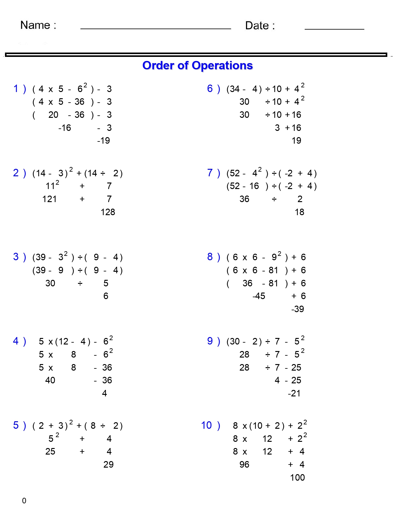 order of operations with integers and exponents worksheet