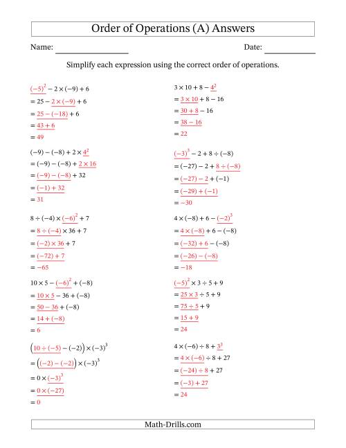 order of operations with integers worksheet