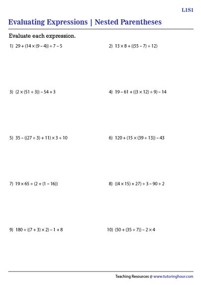 Evaluating Expressions with Nested Parentheses Worksheets