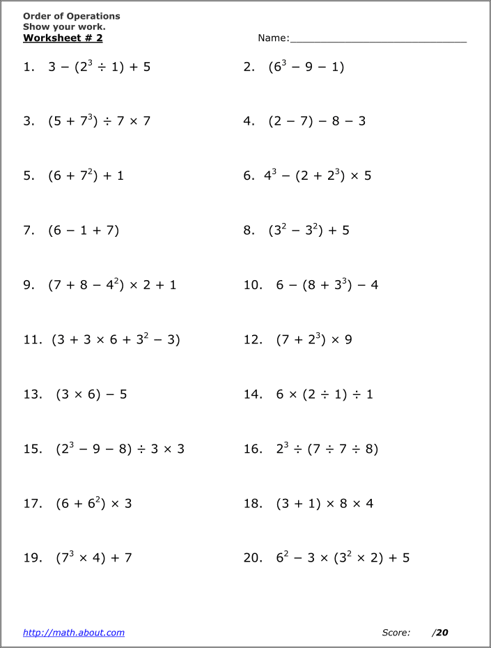 order of operations with parentheses worksheet