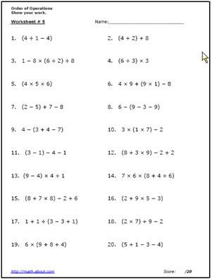 order of operations worksheet 5th