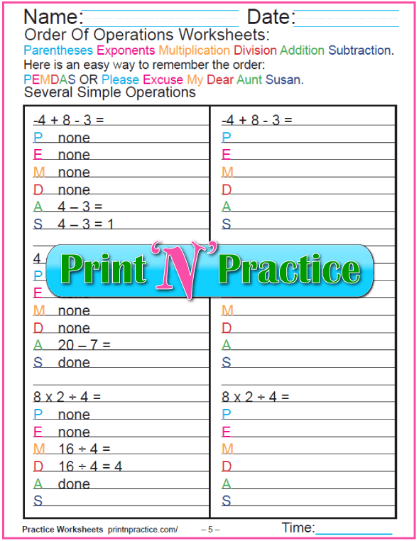 order of operations worksheet 5th