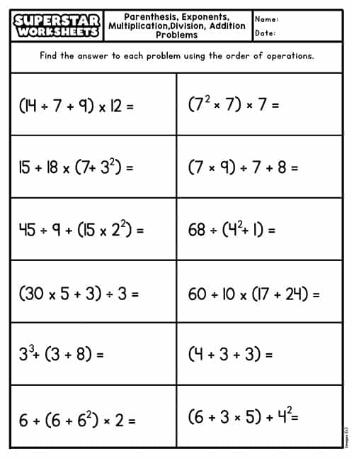 order of operations worksheet 5th