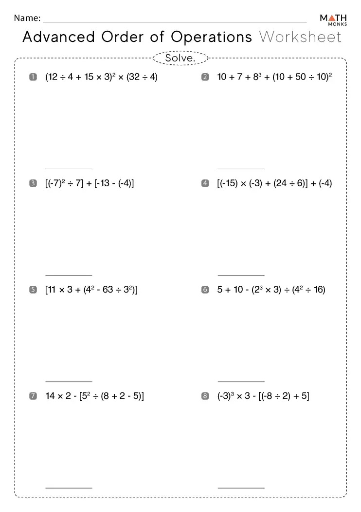 order of operations worksheet 6th grade with answers