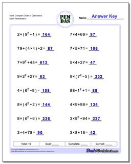 order of operations worksheet 6th grade with answers