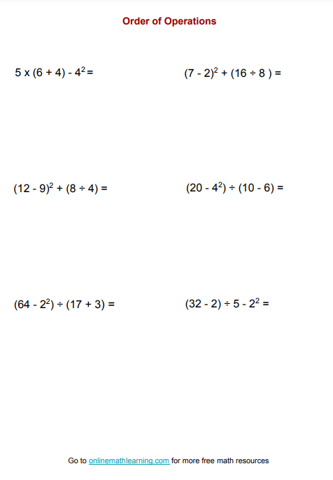 order of operations worksheet 7th grade