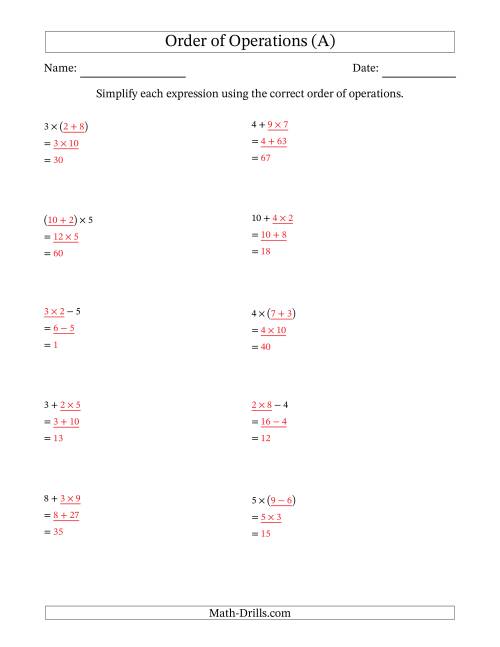 Order of Operations with Whole Numbers Multiplication, Addition ...