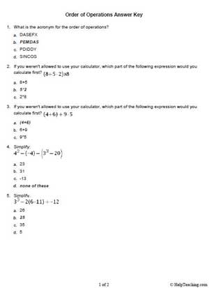 order of operations worksheet and answer key