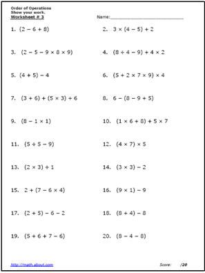 order of operations worksheet and answers