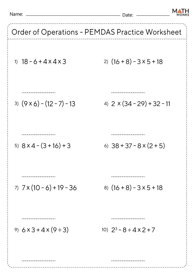 order of operations worksheet and answers